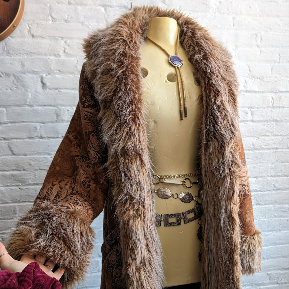 90s Vintage Penny Lane Groovy Faux Fur Jacket Shaggy Afghan Tapestry Trench Coat - Picture 5 of 8